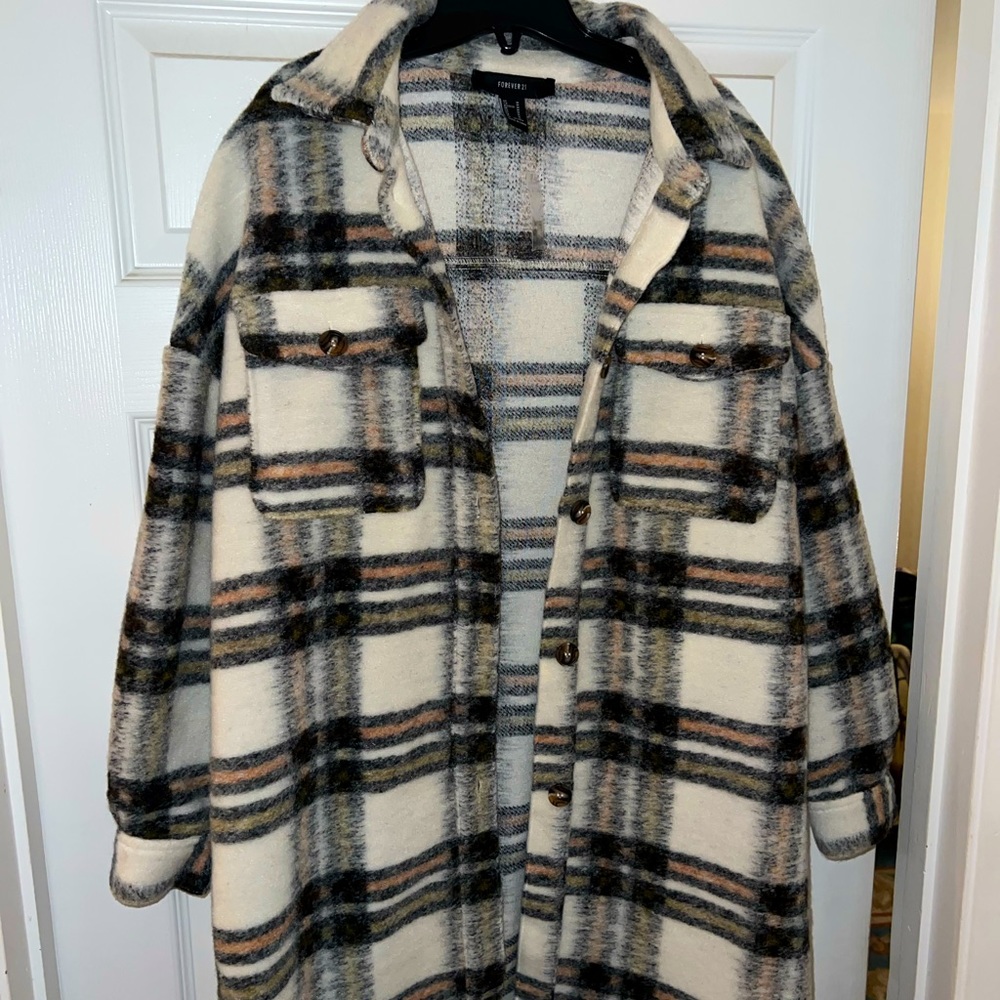 Forever 21 Cream Plaid Shacket with Black & Tan Stripes